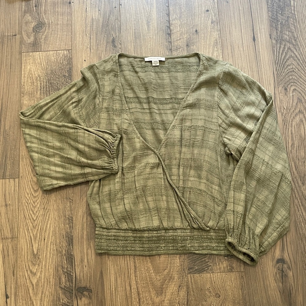 American Eagle Olive Green Textured Smocked Waist Surplice Balloon Sleeve Top M